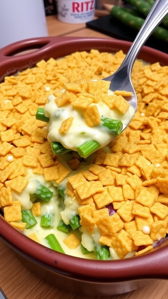 Creamy asparagus casserole with Ritz crackers in a rustic baking dish, garnished and ready to serve.